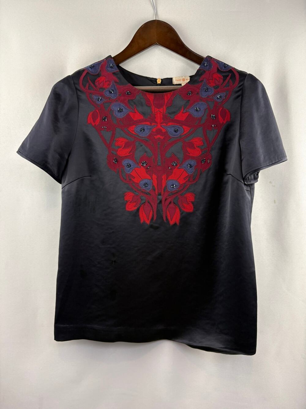 Women’s Tory Burch Size 10 Black Satin Patterned Blouse